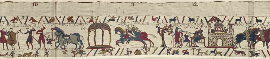 Gesandte von Herzog Wilhelm werden zu Graf Guy geschickt und kehren mit einer Nachricht zurück, Teppich von Bayeux